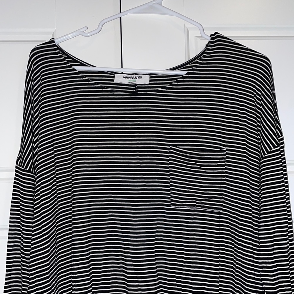Striped Long Sleeve Top with Pocket hi-lo hem